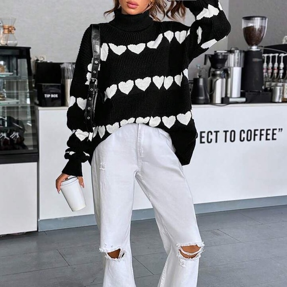LOVE LINES Cozy Black + White Ribbed Relaxed Fit Turtleneck Sweater S M L - Picture 2 of 7